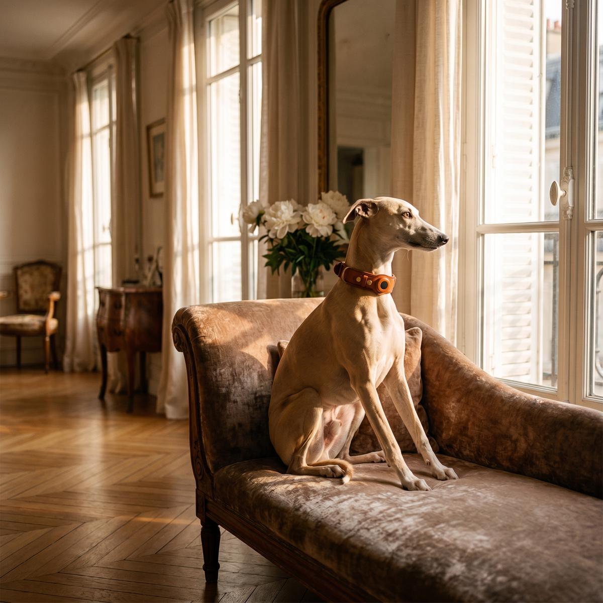 Bruine leren Fidele hondenhalsband met verborgen AirTag-vakje, lifestyle foto met whippet in Parijs