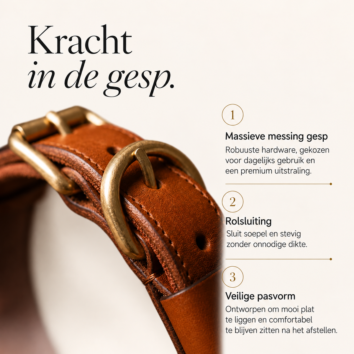 Infographic over de massief messing gesp en rolsluiting van de Fidele leren hondenhalsband