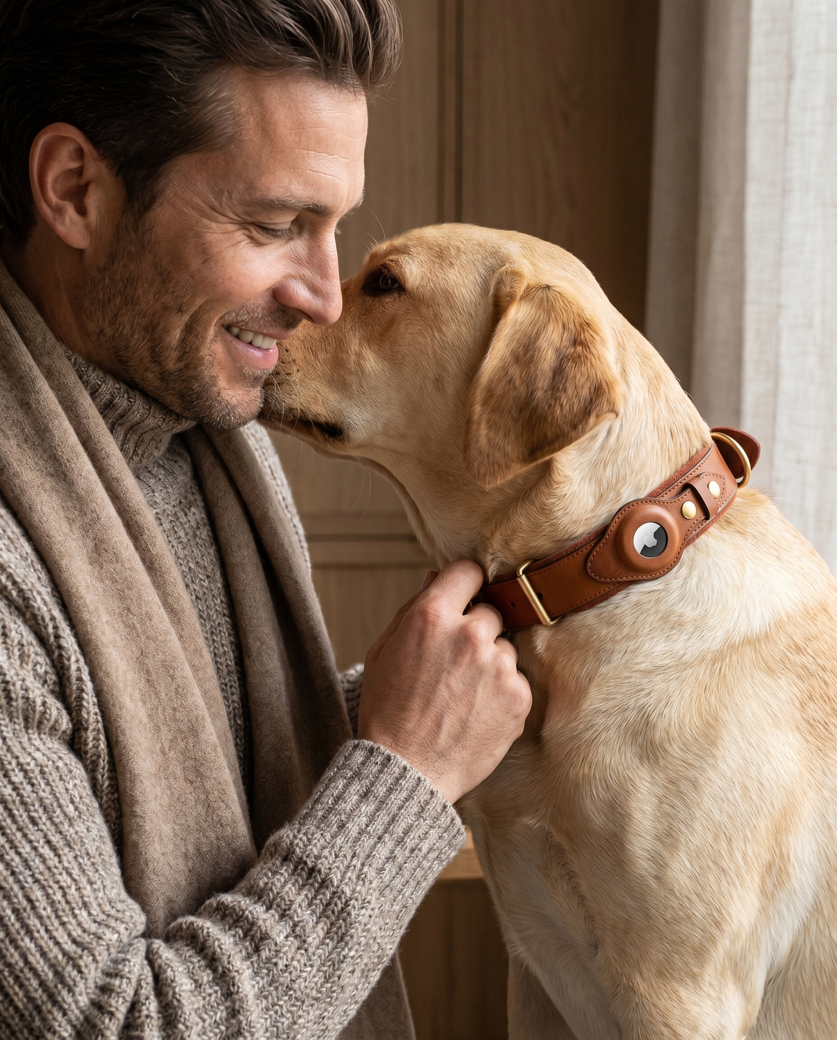 Labrador met een leren Fidele-halsband tijdens een wandeling met zijn baasje