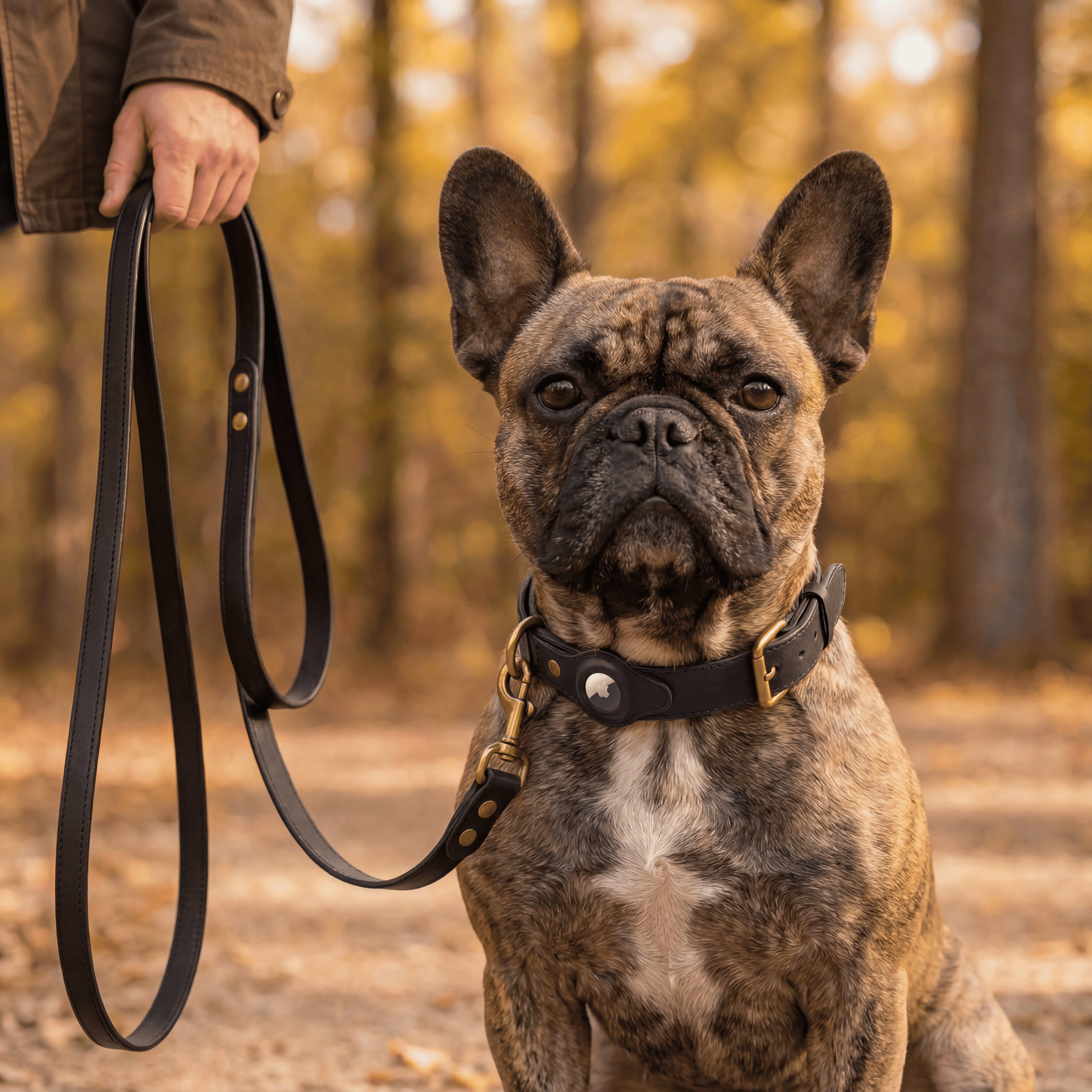 Luxury Leather Dog Collar and Leash with Airtag