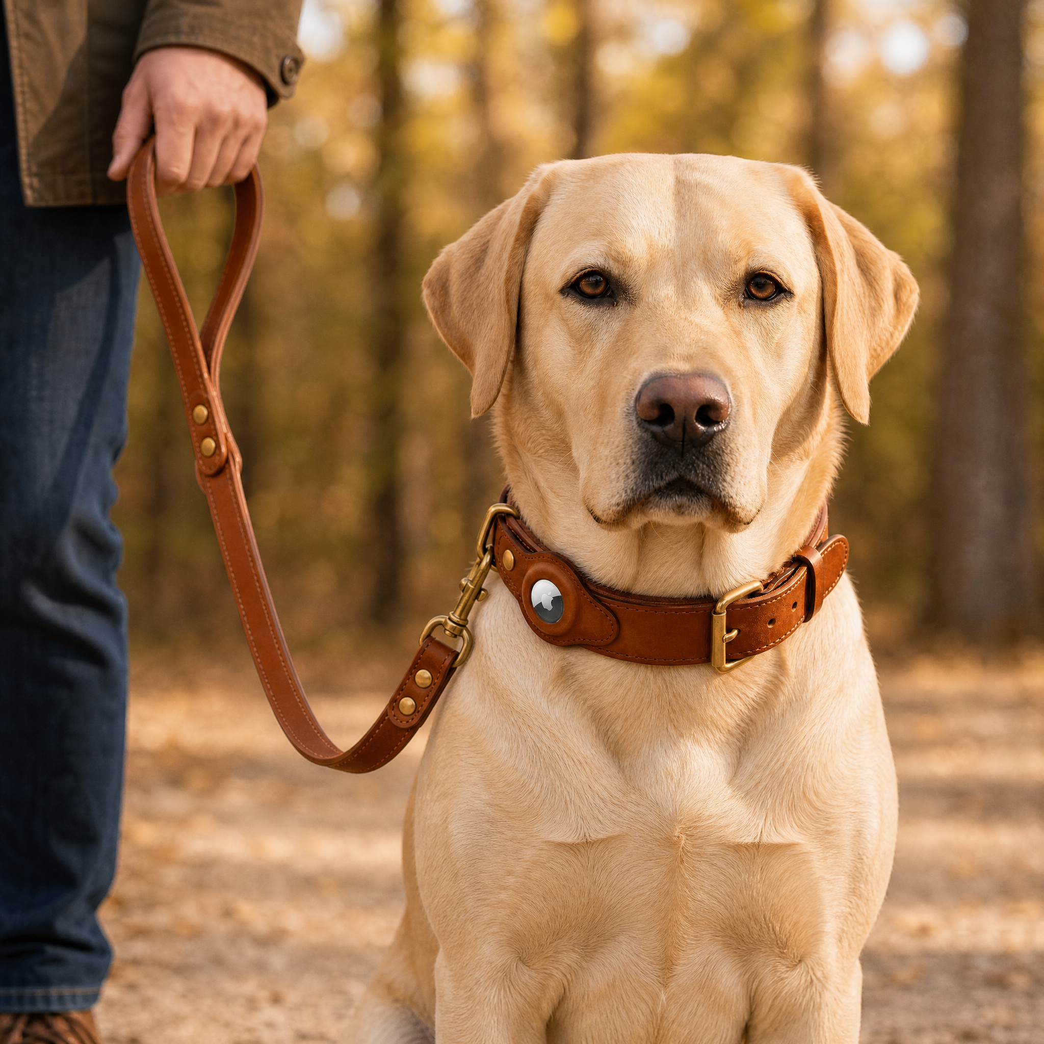 Luxury Leather Dog Collar and Leash with Airtag