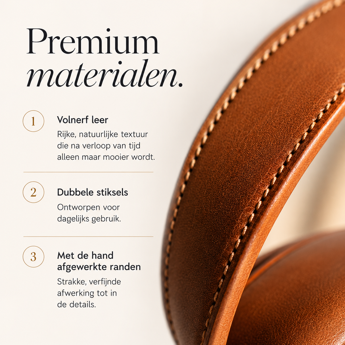 Infographic over de materialen van de Fidele halsband: full-grain leer, dubbele stiksels en handafgewerkte randen