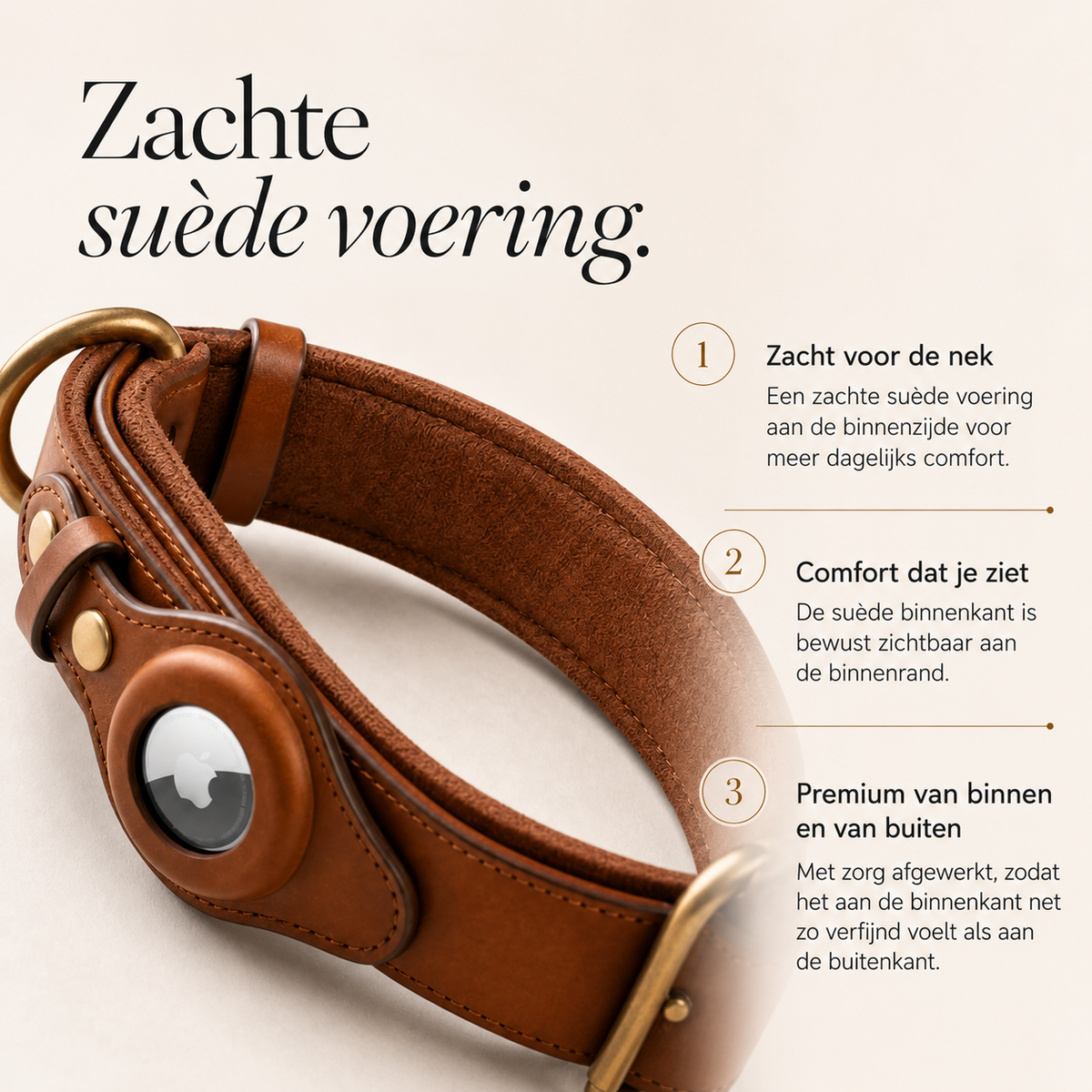 Infographic over de zachte suède binnenvoering van de Fidele leren hondenhalsband voor comfort om de nek